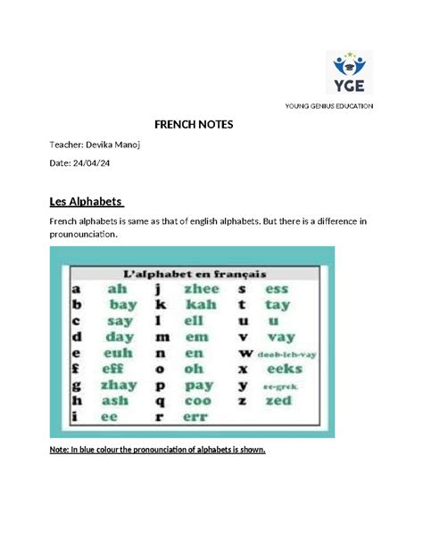French Notes 1 - Basic French - YOUNG GENIUS EDUCATION FRENCH NOTES ...
