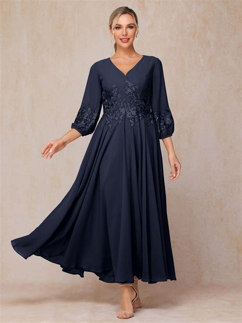 Long Sleeves Appliques Ankle Length Chiffon Mother Of The Bride Dress ...