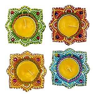 Buy SHIKORA Set of 4 Handmade Traditional Clay Mitti Diya with Wax ...
