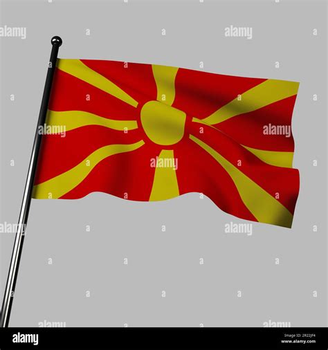 A 3D illustration of the North Macedonia flag waving on a gray ...