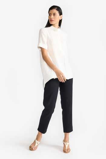 Buy White Cotton Stripe Band Collar Elsa Pattern Asymmetric Shirt For ...