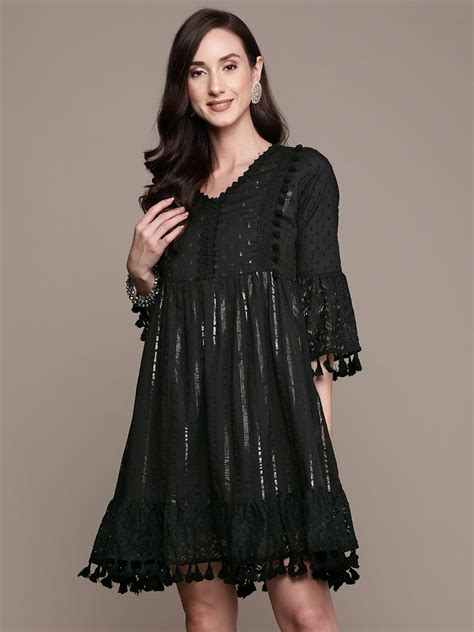 Buy Ishin Women's Black Lurex Embellished A-Line Dress Online