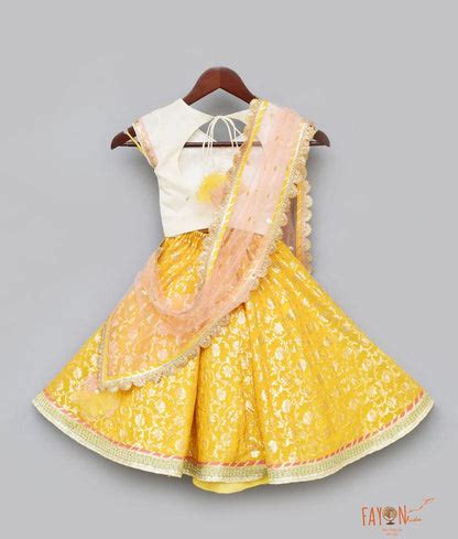 Off white Sequins Yellow Brocade Lehenga with Choli Boti Net Dupatta f ...