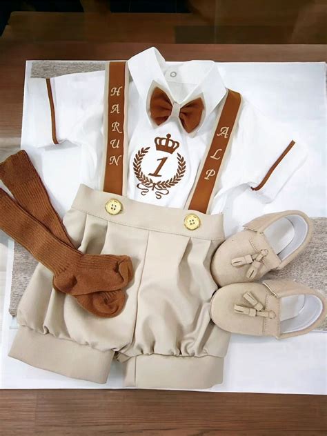 Beige Baby Boy Birthday Outfit Set, Baby Boy Embroidered Custom Name ...