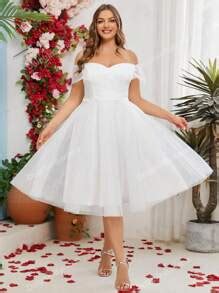 Plus Off Shoulder Wrap Cross Mesh Dress Plus Size White Elegant Prom ...