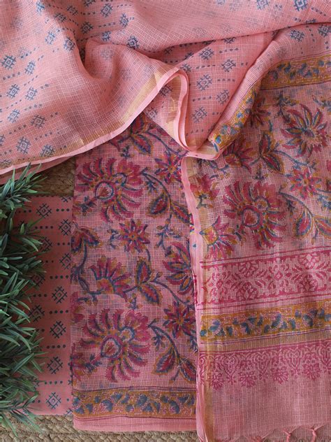 Peach Sanganeri Hand Block Printed Kota Doria Dress Material – Weaves ...