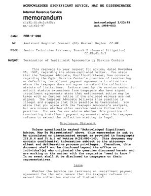 Fillable Online Memorandum on Installment Agreement Termination Fax ...