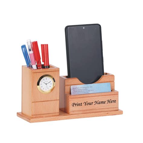 SHIVOM CRAFTS Wooden Desk Organizer with Clock, Pen Holder, Mobile and ...