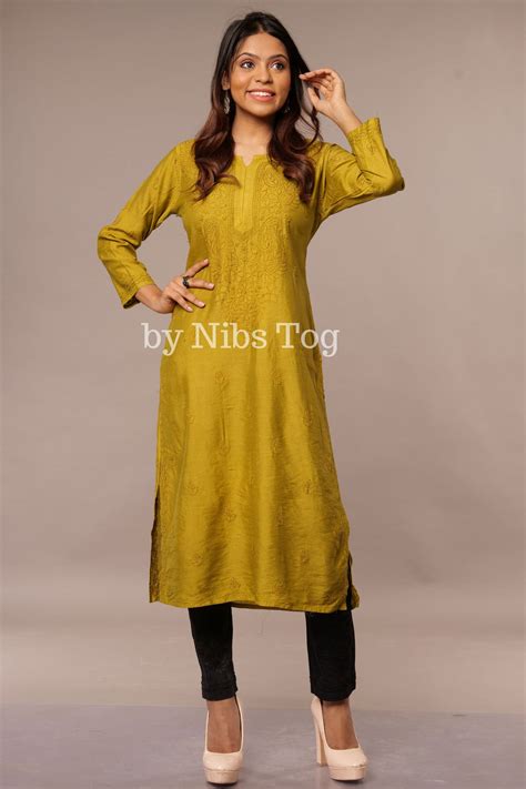 Buy Modal Silk Straight Chikankari Kurta Green online - by Nibs Tog