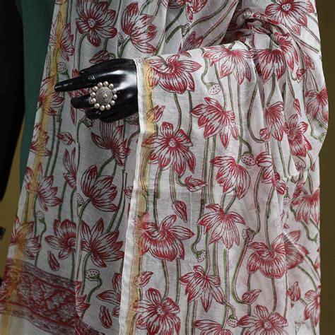 Pink Hand Block Print Chanderi Silk Sanganeri Floral Dupatta