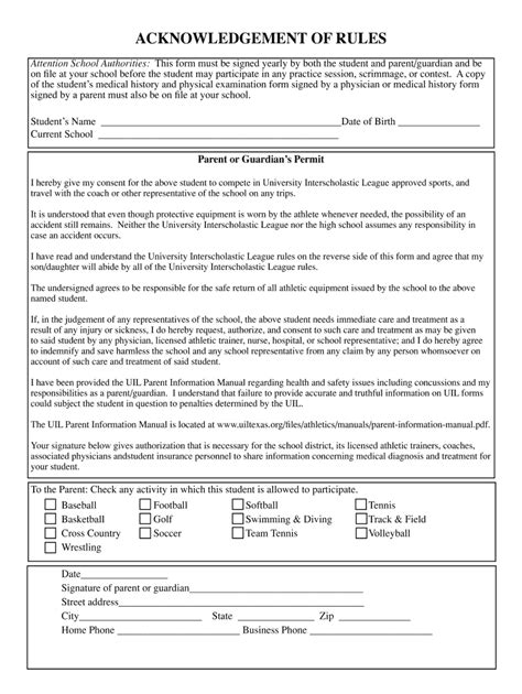 Acknowledgement of Rules Form - Blank Fillable Template | Fill Out ...