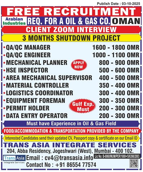 Jobs in Oman: Free Recruitment For Arabian Industries