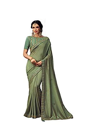 Buy Ptycon Olive Green Poly Silk Heavy Embroidered Work Saree at Amazon.in