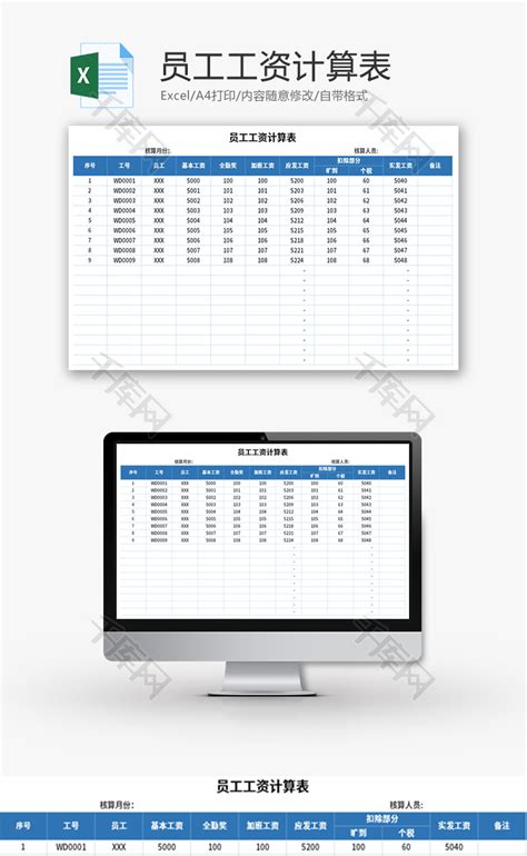 工资核算表Excel模板图片-正版模板下载400159093-摄图网