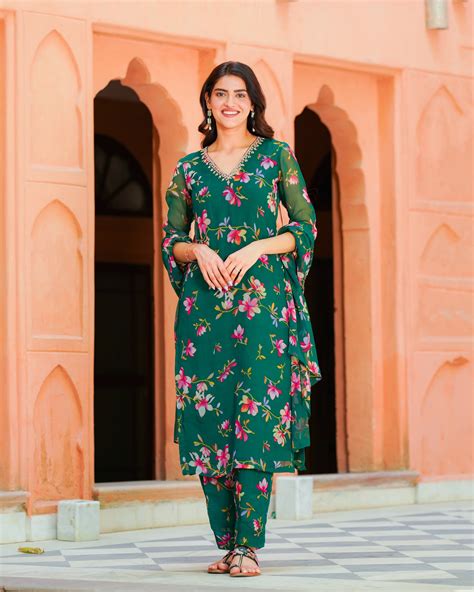 Green Chiffon Floral Suit Set – Ambraee