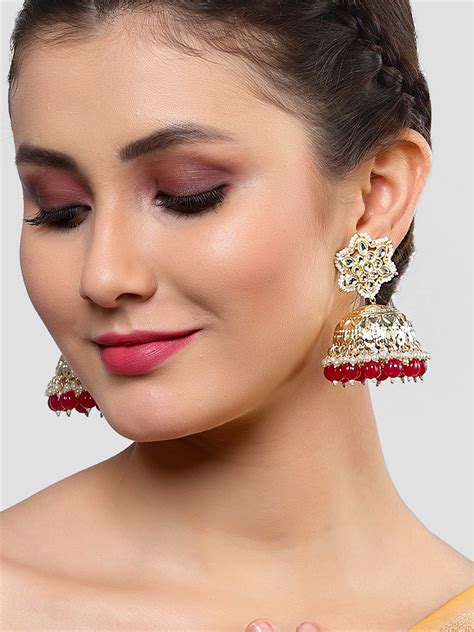 KARATCART Gold Plated Kundan Jhumki Red Earrings for Women