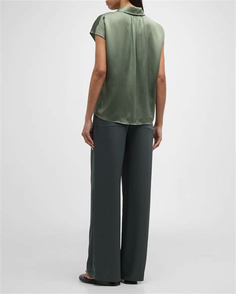 Cap-Sleeve Ruched-Back Silk Blouse | Neiman Marcus