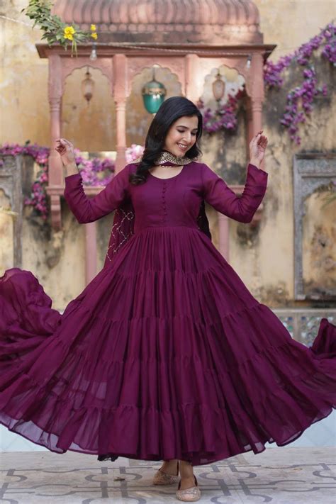 Wine Premium Readymade Elegant Flair Gown with Designer Dupa