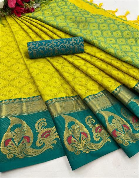 Lemon & Rama Green Silk Saree With Zari Weaving Border – Sareewave