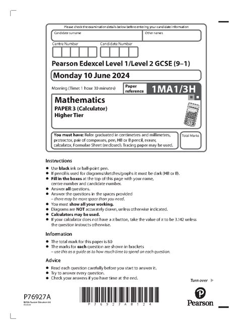 June 2024 - Edexcel Level 2 GCSE Maths Paper 3 Exam Details - Studocu
