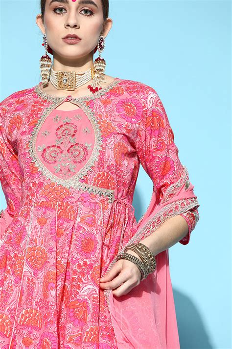 Buy Ishin Womens Cotton Pink Embroidered Anarkali Peplum Kurta Sharara ...