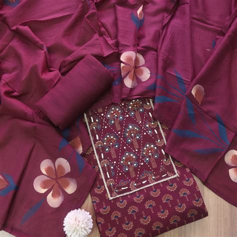 Sahiba Burgundy Purple Floral Printed Patra Neck Work Cotton Suit Set ...
