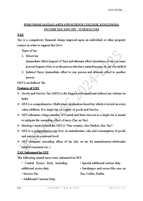 GST WMO IMAM GAZZALI COLLEGE VI SEM B.COM INCOME TAX Notes - Studocu