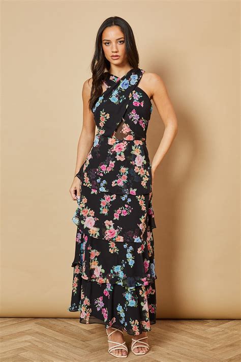 Dresses | Floral Printed Halter Neck Chiffon Tiered Maxi Dress | Oasis