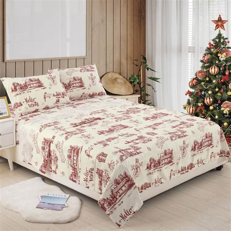 Amazon.com: Dinjoy Christmas Holiday Sheets Set King Size, Red Beige ...