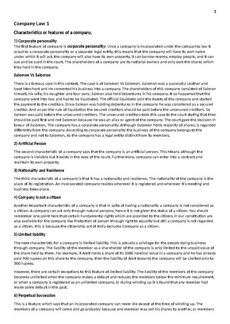 Company Law 1: Key Features and Concepts Explained - Studocu