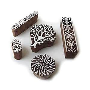 Hand Carved Tree and Border Designs Wooden Block Stamps (Set of 5 ...