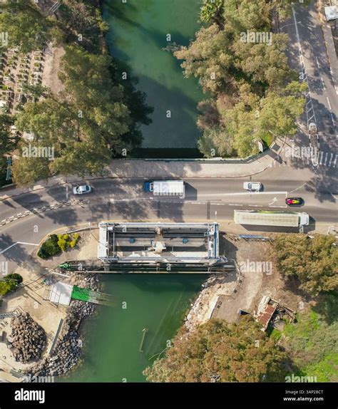 Aerial view of Jordan river bridge crossing the Jordan River, Sea of ...