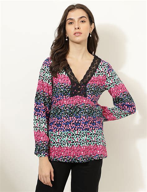 Buy Linen Blend Printed V-Neck Top at Marks & Spencer