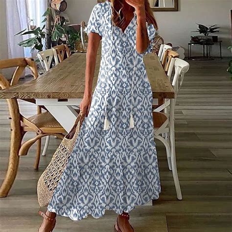 Titcea Maxi Dresses for Women Fashion Printed V Neck Short Sleeve ...