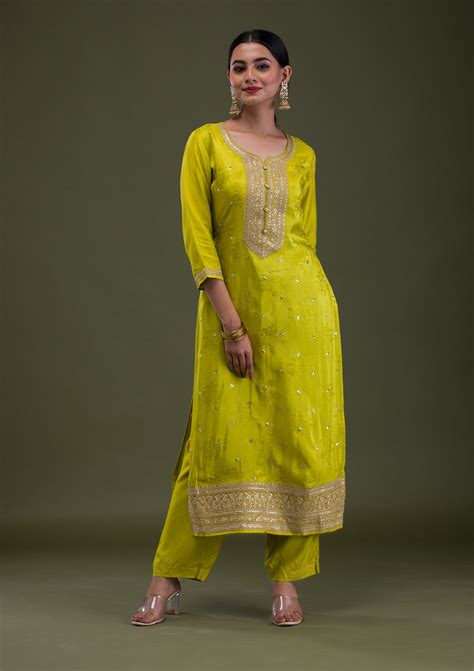 Buy Parrot Green Zariwork Crepe Readymade Salwar Suit - Koskii