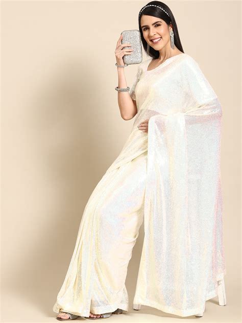 UCHD8121 White Bling Metallic Sequin Embellished Cocktail Net Saree ...