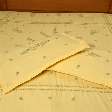 Yellow & Green Embroidered Bedsheet