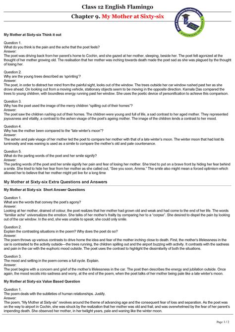 Chapter 9 - My Mother at Sixty-six - Class 12 English Flamingo Chapter 9. My Mother at Sixtysix ...