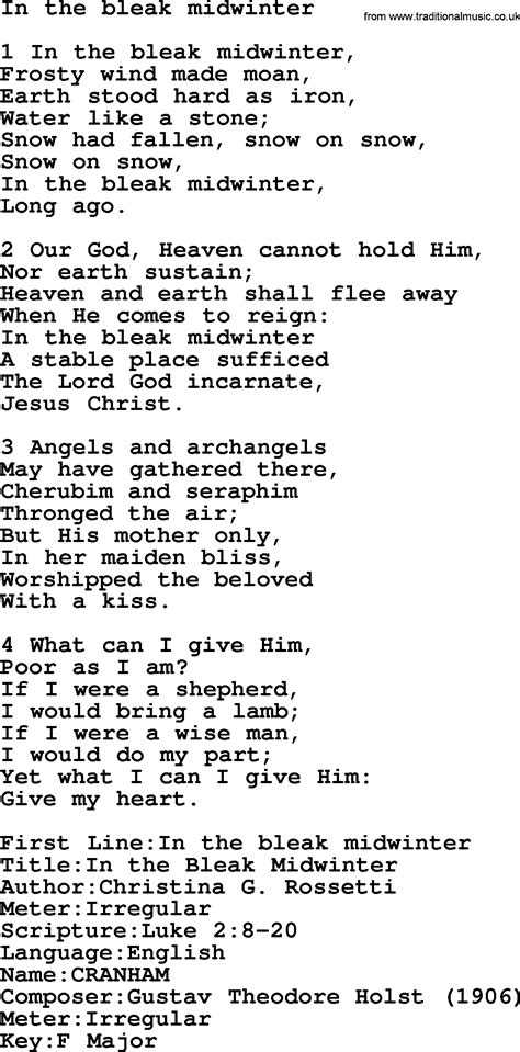 Lyrics To Bleak Midwinter