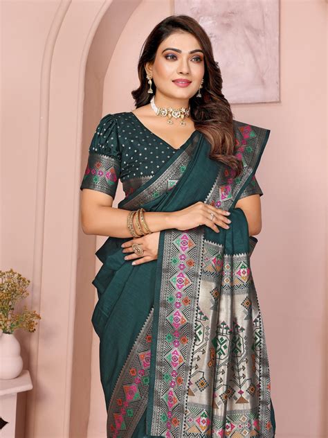 Dark Green Zari & Minakari Weaving Paithani Silk Saree – Kalyanja