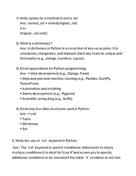 Python ppt ans - It's good. - Write syntax for a method to sort a list ...