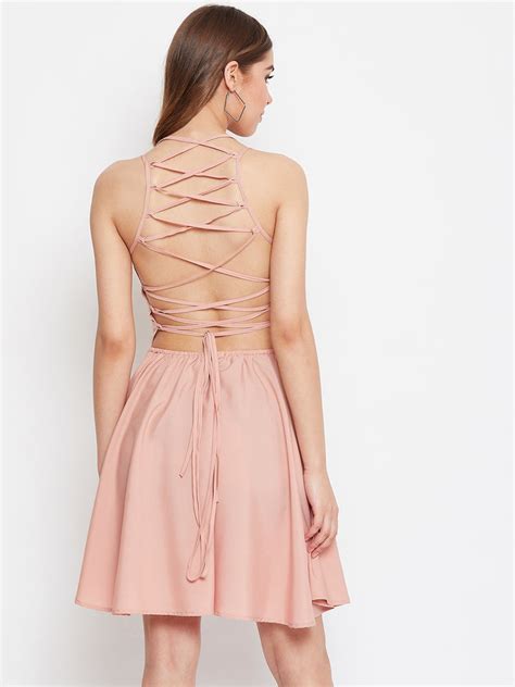 Berrylush Women Solid Pink Square-Neck Caged Back Tie-Up Fit & Flare M