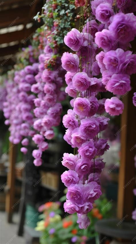 Premium Photo | A bunch of purple flowers hanging from a ceiling