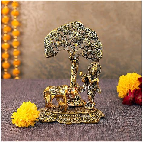 Bengalen Krishna with Cow and Calf Under Tree Idol Hindu Religious Mur