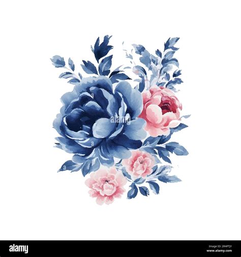 Watercolor navy blue and pink flowers set, vintage vector flowers ...