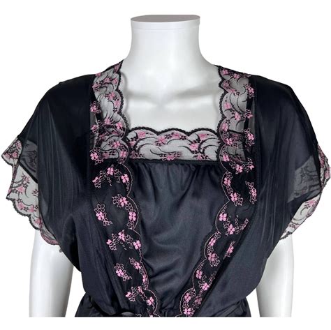 1970s Vintage Babydoll Set Black Sheer Robe Nightie Panties