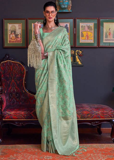 Buy Pista Green Banarasi Katan Silk Saree Online - MySilkLove