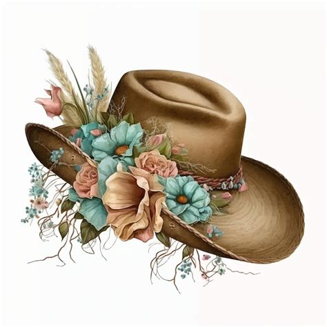 There is a brown hat with flowers and feathers on it generative ai ...