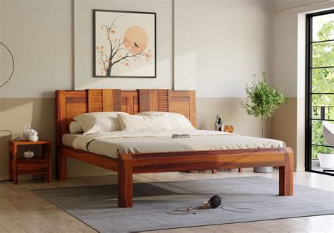 Buy Norik Wooden Without Storage Bed (Queen Size, Honey Finish) Online ...