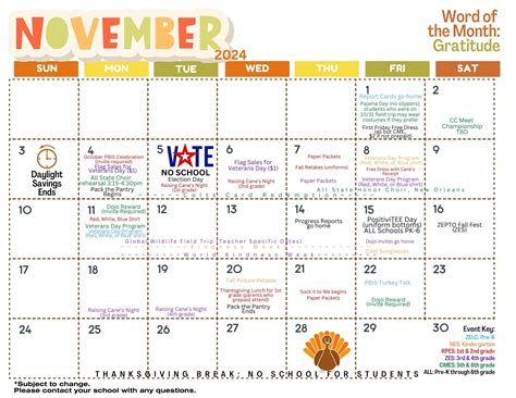 November Pre-K through 6th grade Events calendar - Zachary Early ...